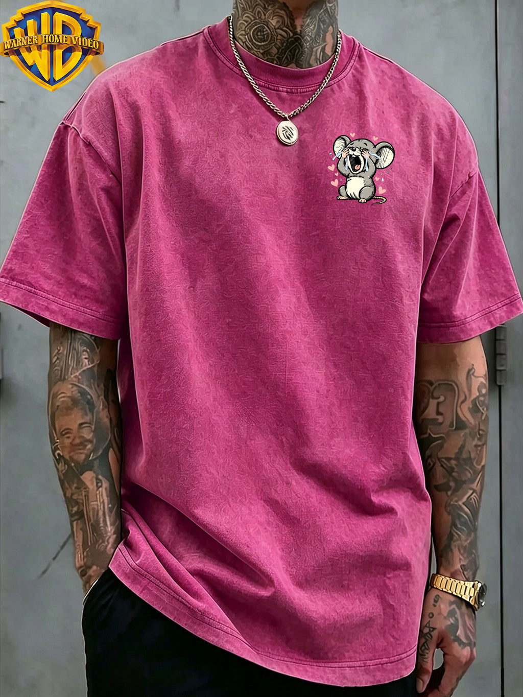 Warner Bros. Officially Authorizes Crying on the Floor with Floating Love Print  Washed Outdated Short Sleeve T-shirt for Men and Women, Machine Washable Daily Commuter Outdoor Sports and Leisure Top - Rose Red