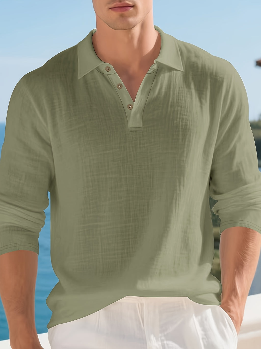 Summer Men'S 3pcs Lightweight Breathable Linen Long Sleeve Polo Shirt Solid Color Versatile Henley Button-Up T-Shirt Casual Vacation Commute Top - Green+Khaki+Blue