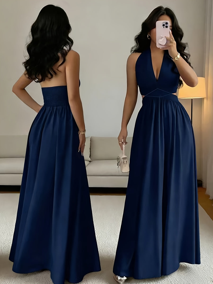 Women's Elegant Navy Blue Halter Backless Bridesmaid Dress - Deep V-Neck Wedding Dress with Shirred Waist & Elastic A-Line Hem, Machine Washable Suitable for Banquet, Party, Prom, Special Occasions, Non- Solid Color - Navy Color