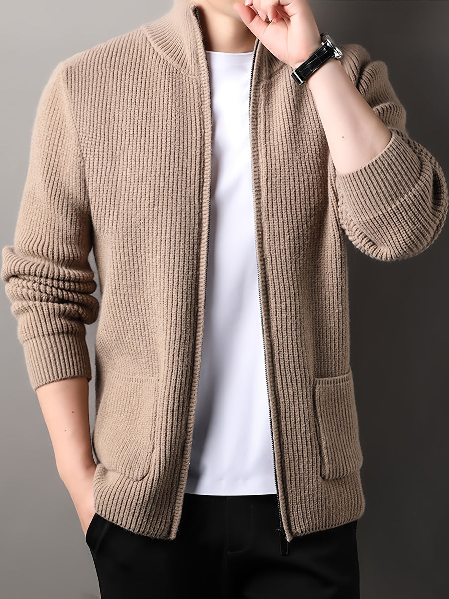 Men's Stand-up Collar Zip-up Knit Cardigan Jacket, Business Casual, Mature and Steady, Suitable for Middle-aged and Young Men, Can Be Worn Alone in Spring and Autumn, and as an Inner Layer in Winter - Camel