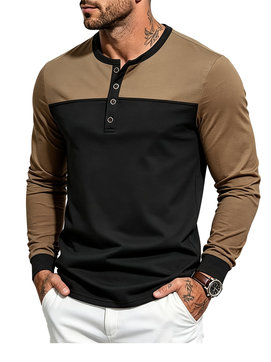 Men's Long Sleeve Henley T Shirt, Color Block Button Placket Pullover Top Loose Fit Casual Tee, Workout Sports Daily Commute Fall Mens Clothing - Brown on top and black on bottom