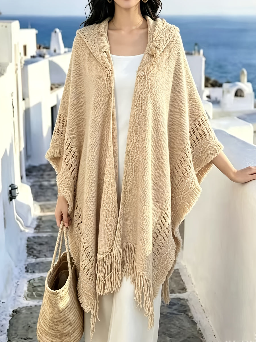 Beach Vacation Boho Fringe Hooded Shawl, Women Oversized Open Front Cardigan Poncho Outer Coat, Lightweight Cape Outer Top - Khaki