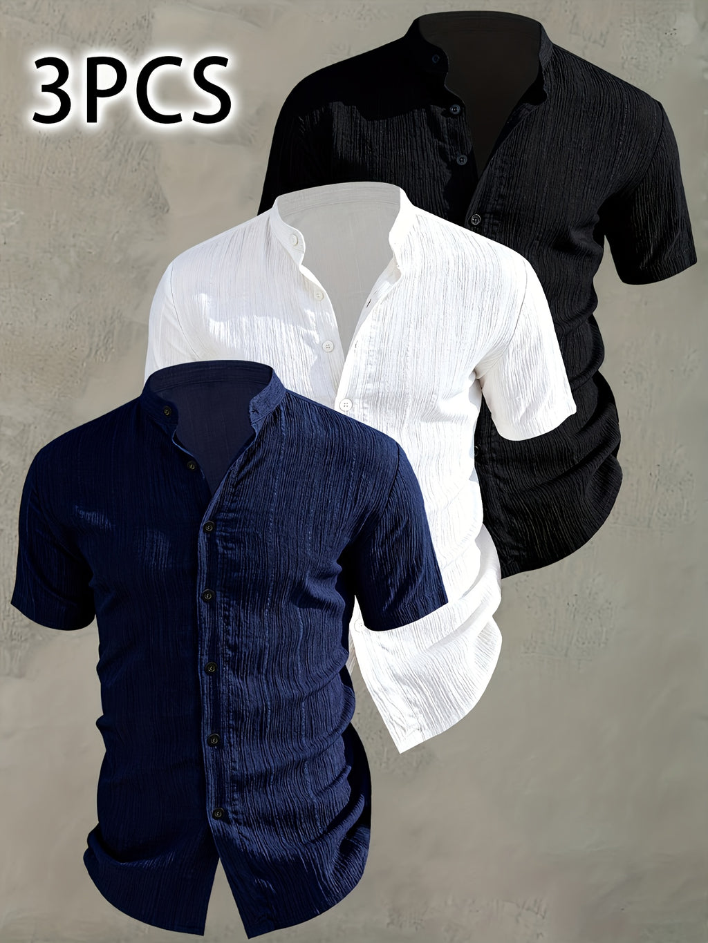 3pcs Men's Summer Short-sleeve Shirt Set | Lightweight and Breathable Solid-color Button- Shirt with Stand-up Collar, Suitable for Beach Vacations, Pool Parties, and Casual Wear, an Ideal Christmas Gift for Your Husband - Mix Colors