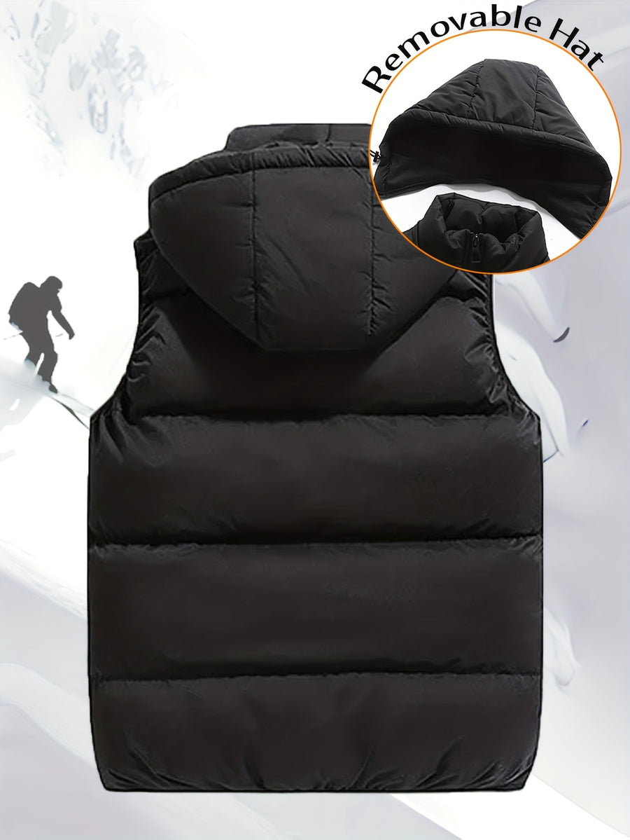 Men'S Autumn Winter Solid Color Vest, Outdoor Casual Fashion Thickened Waistcoat, Quilted Casual Warm Jacket with Removable Hood, Zippered Pockets, Men'S Cold Weather Jacket Top. Suitable for Multi-Scene Wear - Black