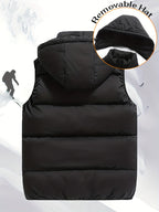 Men'S Autumn Winter Solid Color Vest, Outdoor Casual Fashion Thickened Waistcoat, Quilted Casual Warm Jacket with Removable Hood, Zippered Pockets, Men'S Cold Weather Jacket Top. Suitable for Multi-Scene Wear - Black