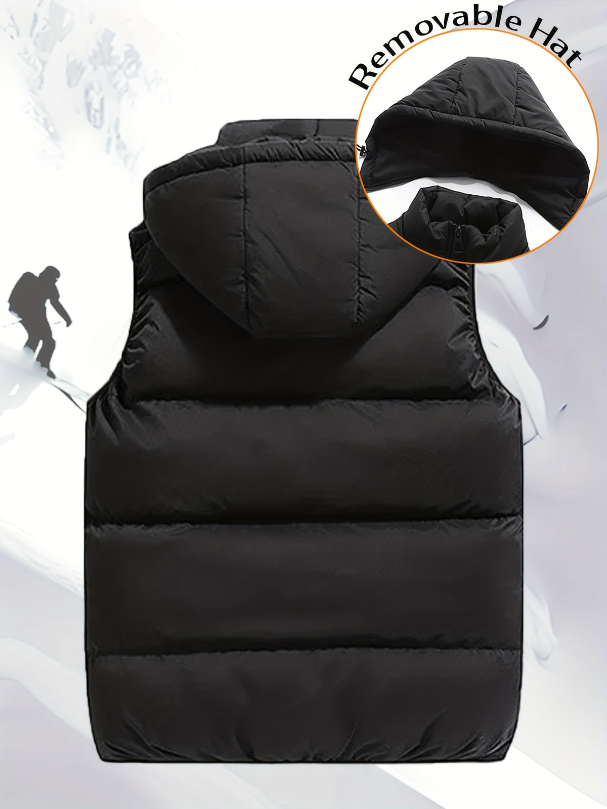 Men'S Autumn Winter Solid Color Vest, Outdoor Casual Fashion Thickened Waistcoat, Quilted Casual Warm Jacket with Removable Hood, Zippered Pockets, Men'S Cold Weather Jacket Top. Suitable for Multi-Scene Wear - Black
