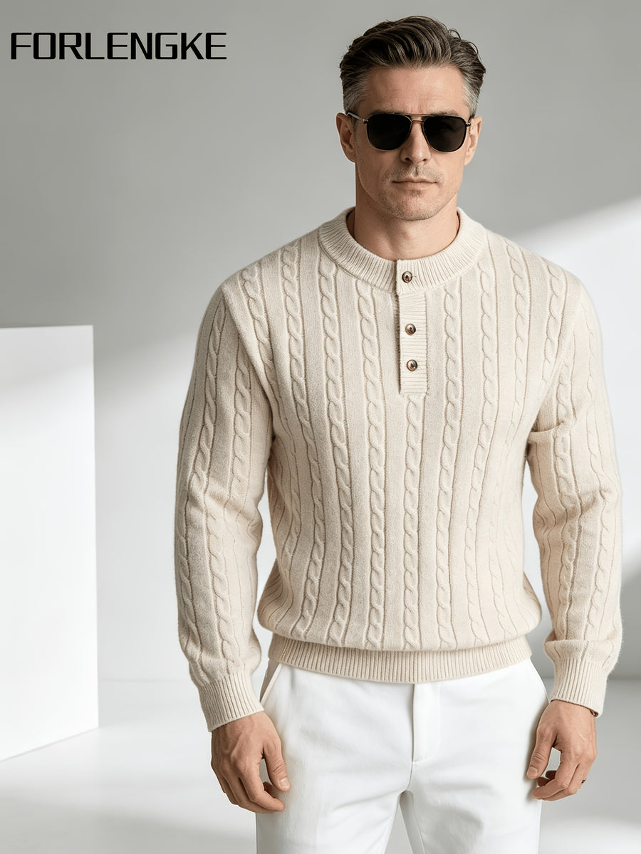 FORLENGKE Men'S Vintage Cable Knit Henley Sweater, Soft Warm Half-Button Pullover for Autumn Winter Daily Business Wear - Apricot