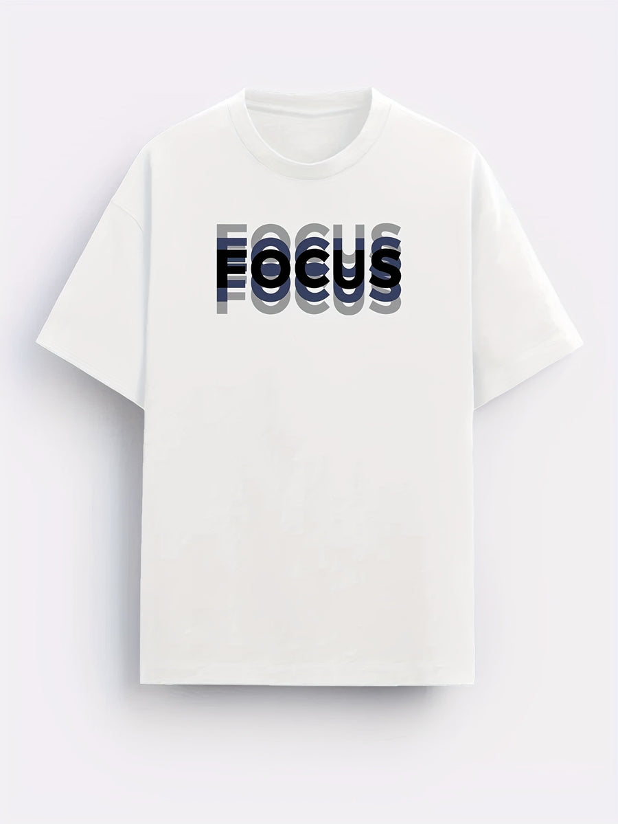 Unisex Trendy Letter Print Crew Neck T-Shirt, A Must-Have for Style Enthusiasts! Gradient FOCUS Design, Ultra Stylish & Streetwear-Inspired! Minimalist yet Versatile! - White