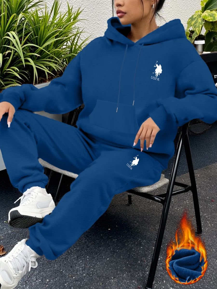 USPA Letter Pattern Printed Women'S Fleece Hoodie And Sweatpants Sports Set for Autumn And Winter. This Pullover Is Machine Washable, Featuring a Comfortable Top Made of Soft Fabric, Perfect for Everyday Wear. The Fleece Design Is Made of 100% - Multicolor-Blue