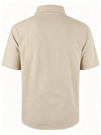 Old Money Style Men's Cuban Collar Short Sleeve Shirt, Linen Texture, Lightweight and Breathable Outdoor Casual Shirt - Apricot