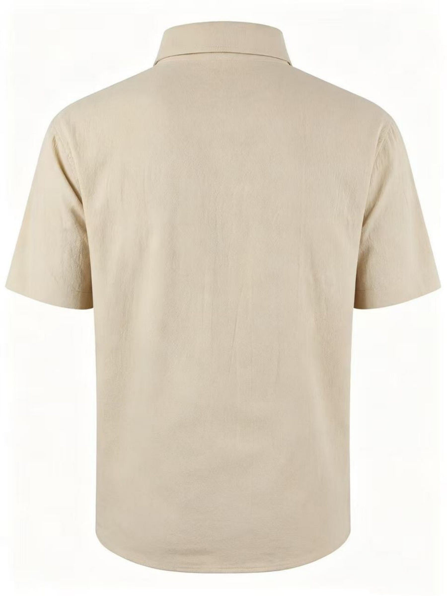 Old Money Style Men's Cuban Collar Short Sleeve Shirt, Linen Texture, Lightweight and Breathable Outdoor Casual Shirt - Apricot
