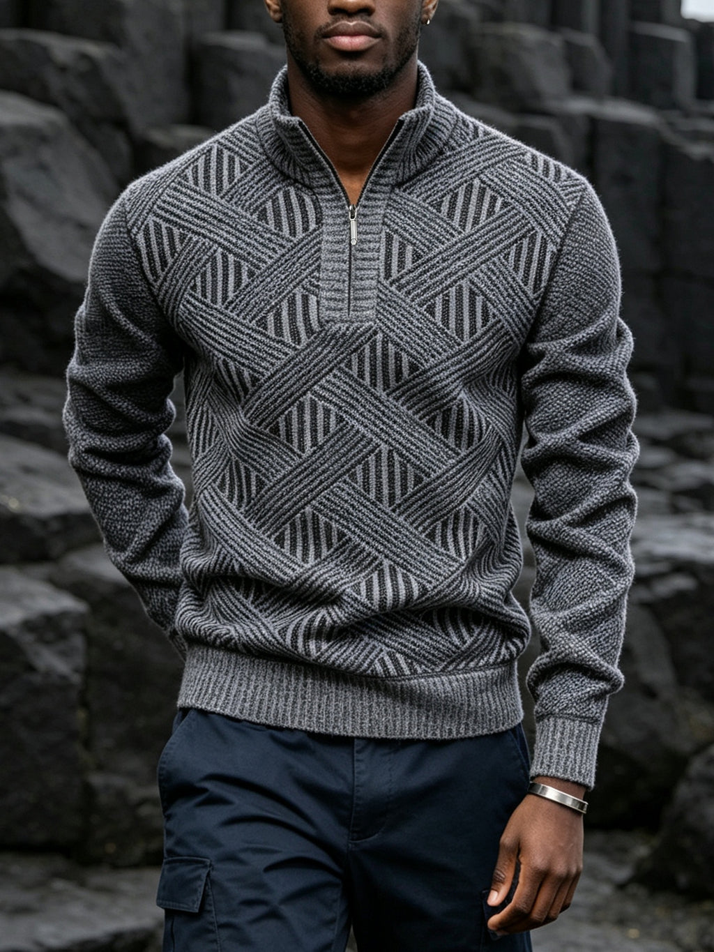 New Autumn/Winter Men's Half-Zip Stand Collar Diamond Knit Long-Sleeve Sweater. Features a Stand-up Collar with a Half-zip Design, Suitable for Pairing with Autumn/winter Outerwear or Wearing Alone. -lined and Thickened, It Is Versatile for Daily - Light Grey