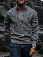 New Autumn/Winter Men's Half-Zip Stand Collar Diamond Knit Long-Sleeve Sweater. Features a Stand-up Collar with a Half-zip Design, Suitable for Pairing with Autumn/winter Outerwear or Wearing Alone. -lined and Thickened, It Is Versatile for Daily - Light Grey