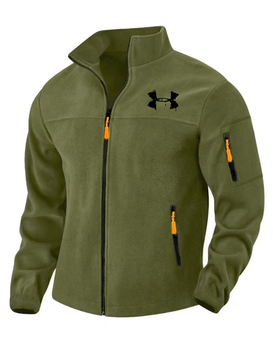 Men'S Autumn Winter Trendy Fleece Jacket, All-Match Style with Multiple Pockets, Casual Commute Top, New Men'S Techwear Stand-Collar Jacket with Full Zipper, Fashionable Print Top - Military Green