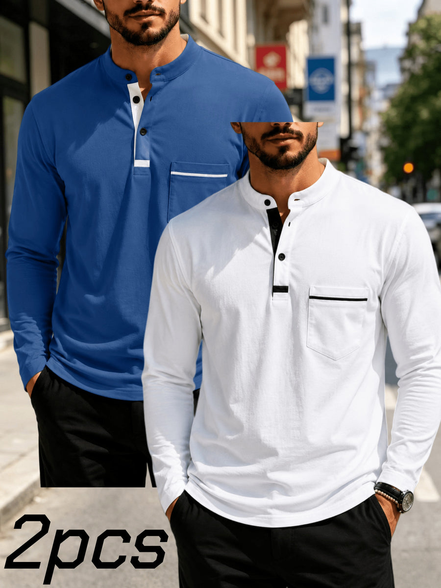 2pcs Men's Stand Collar Long Sleeve Henley Shirt, Casual Half-Button T-Shirt with Pockets, Lightweight and Breathable Stand Collar Pullover Top, Suitable for Daily, Office, and Outdoor Scenes - Sea blue + white