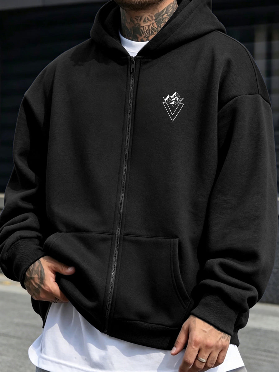 2026 New Men's Zip-Up Hoodie - Casual Pullover with Kangaroo Pocket, Stretch Fabric,  Letter Graphic Print, Versatile and Fashionable Style, Perfect Choice for Fall - Black