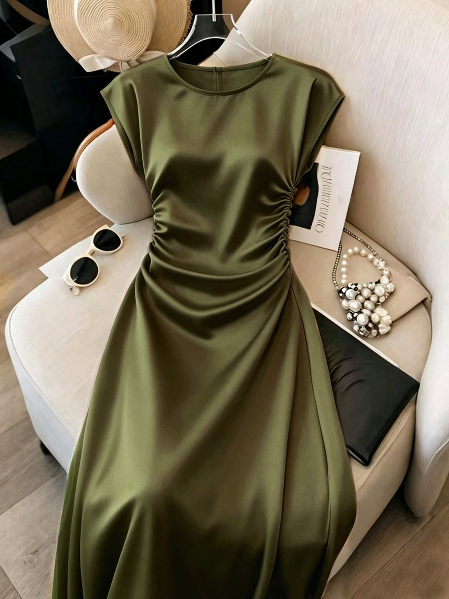 Spring Summer Tie Up Women'S Dress, Women'S White Dress, New Style Waist Women'S Dress, Women'S Elegant Dress, Women'S Satin Glossy Dress, Women'S Holiday Dress, Women'S Casual Outdoor Dress Women'S Elegant Dress - Tactical Green