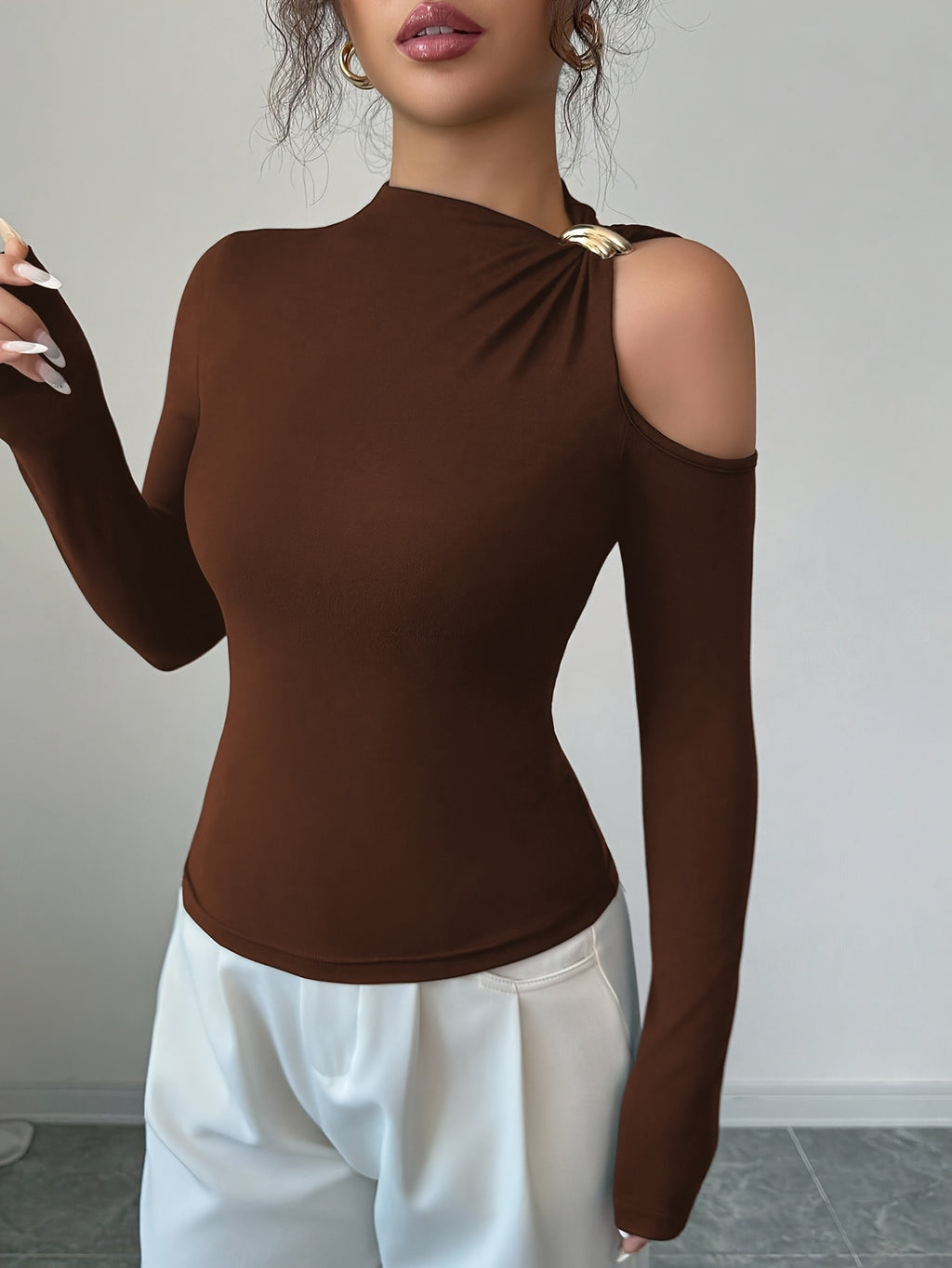 Women's Fashion Slant Collar Design with Metal Decoration Autumn Winter Long Sleeve Top - Coffee Brown