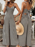 Women'S Camisole Jumpsuit, Summer Vacation Style, Classic Striped Backless Tie-Up Wide-Leg Trousers - Black