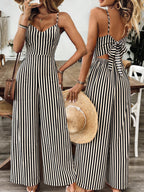 Women'S Camisole Jumpsuit, Summer Vacation Style, Classic Striped Backless Tie-Up Wide-Leg Trousers - Black