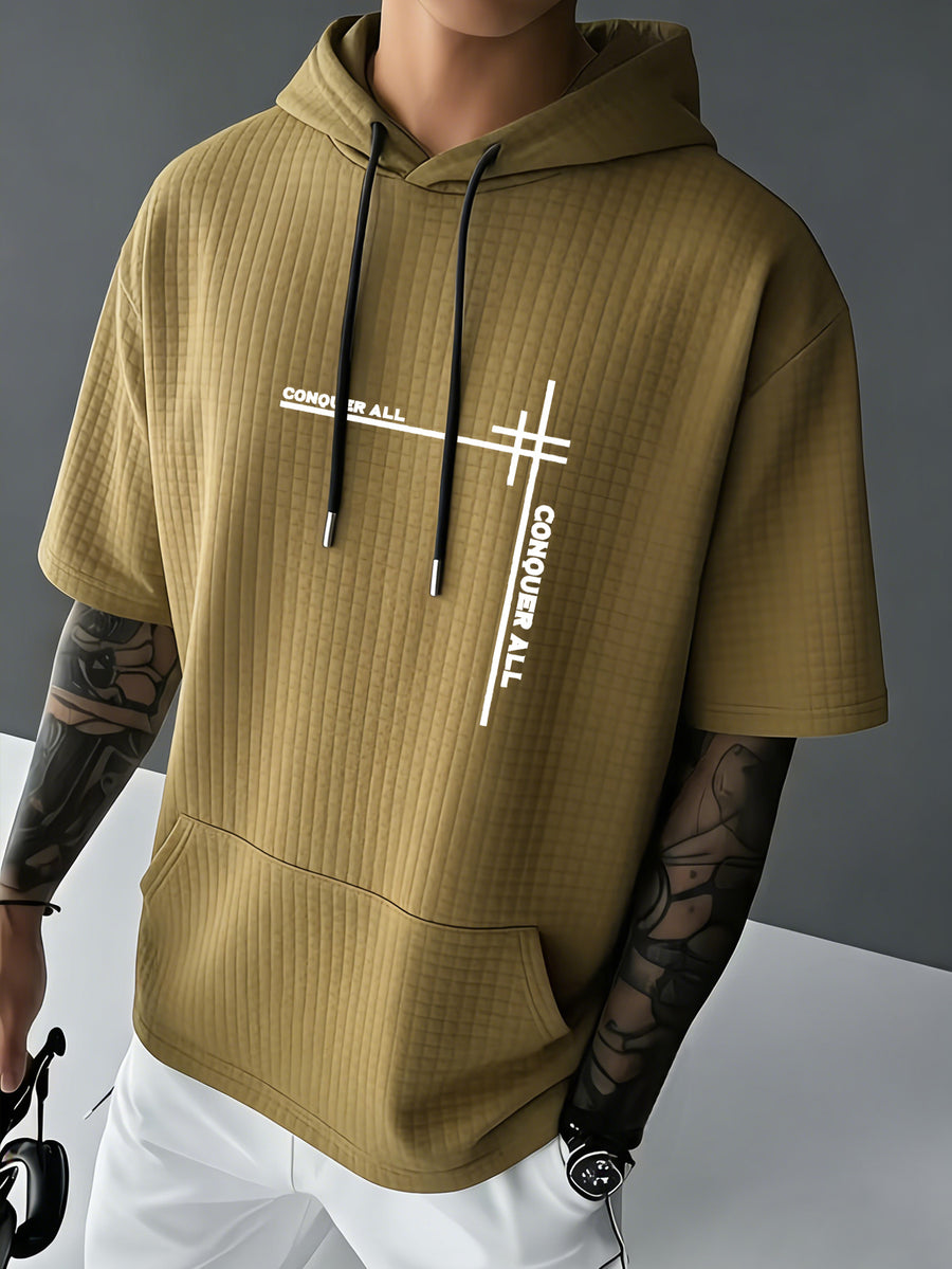 CONQUER ALL Men's Waffle Knit Short-Sleeve Hooded Sweatshirt with Comfortable Print and Drawstring, Short-Sleeve T-Shirt with Pocket, Summer Casual Fashion Men's Apparel, Suitable for Outings and Home Wear, Suitable for Daily and Formal Wear - Khaki