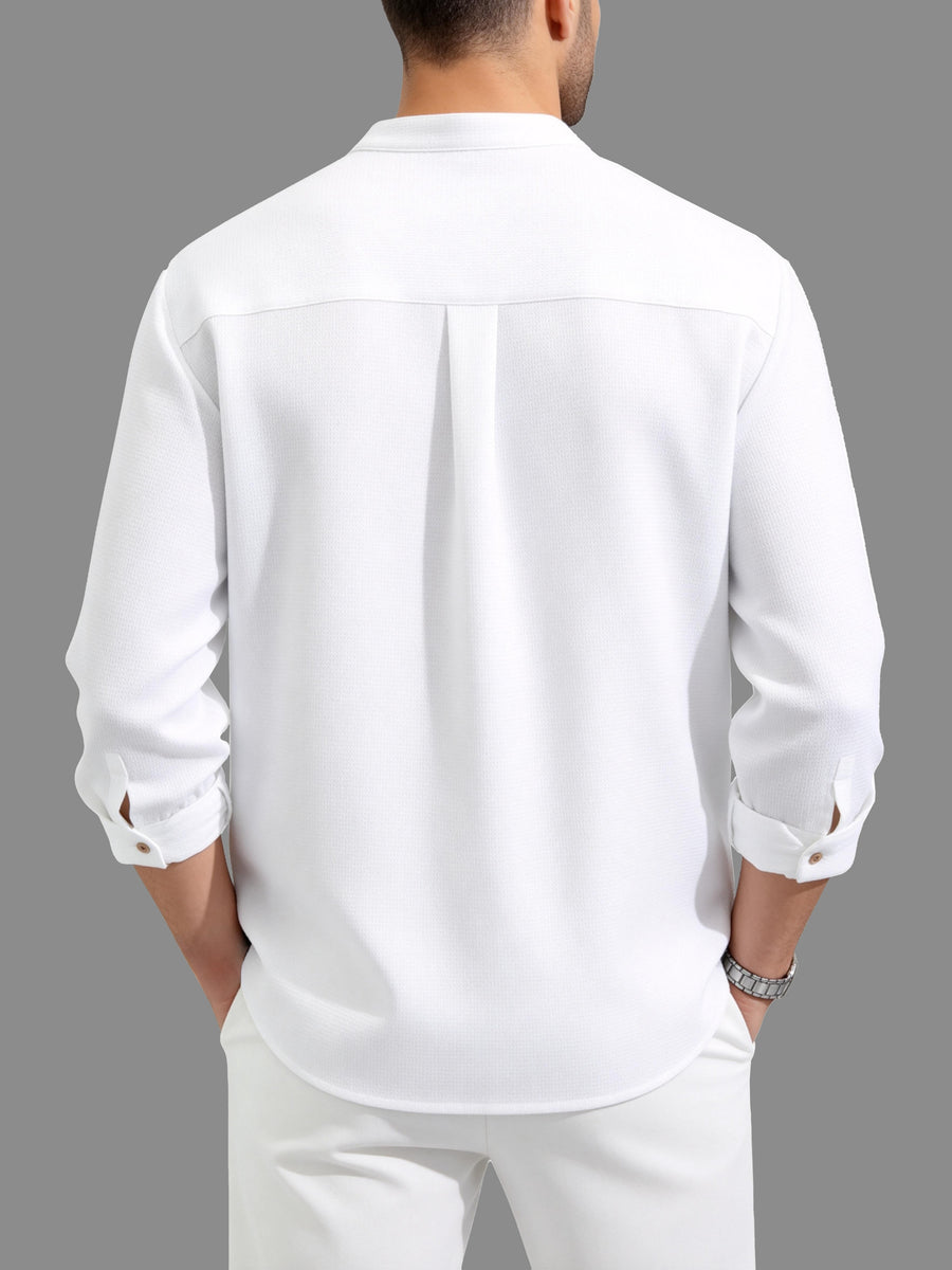 Men'S Casual Solid Color Daily Shirt - Retro Loose Long Design with Chest Pocket, Hand Wash Or Dry Clean - Refined Men'S Layering Piece - Comfortable Fit, Durable And Fashionable, Suitable for Casual Or Formal Occasions in Any Season - White