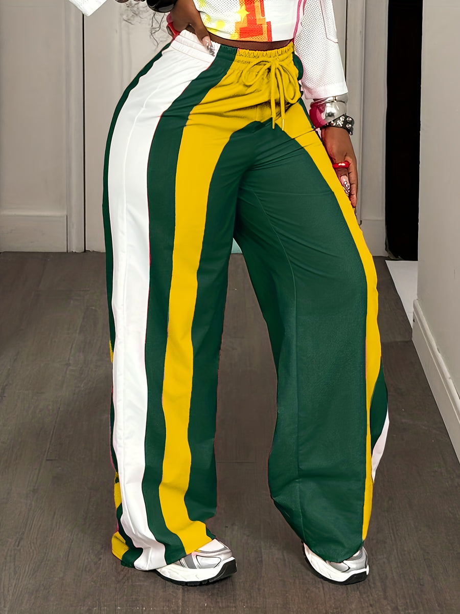 Wide- Loose-Fit Pants with Elastic Drawstring Waist & Full-Length - Wide- Trousers Suitable for Outdoor, Casual Wear - - Color Trousers (No Stretch Fabric) - Multicolor