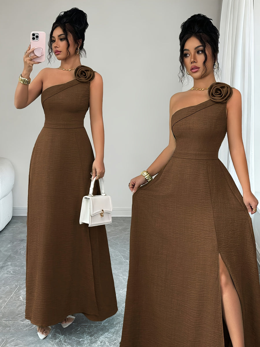 New Summer Women's Off-Shoulder Rose-Embellished Long Dress with Waist-Defining Slit, Elegant One-Shoulder Design, Mature Style for Dates and Banquets - Dark Brown