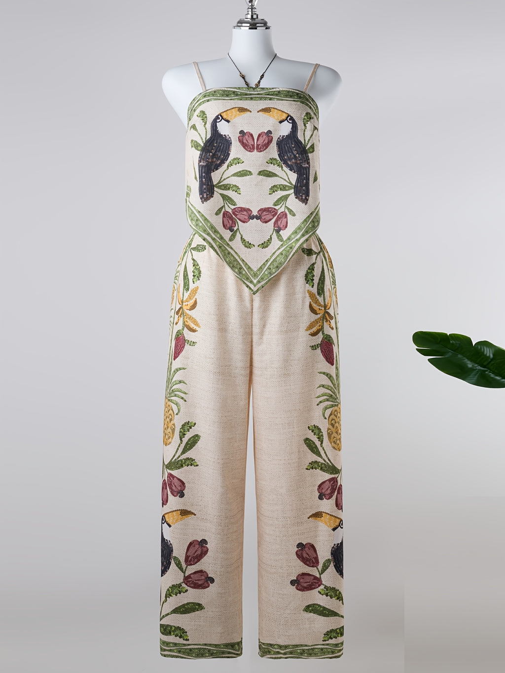Bohemian Style Floral Print Set Featuring a Tropical Toucan Print Asymmetrical Top And Loose Wide-Leg Pants - Off-white