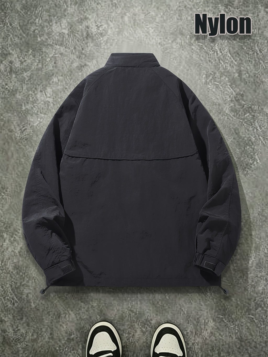 Men's Spring/Autumn American-Style Nylon Solid Color Stand Collar Jacket, Breathable Lightweight Windproof Functional Workwear Outerwear, Loose Fit Streetwear Casual Windbreaker - Black