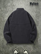 Men's Spring/Autumn American-Style Nylon Solid Color Stand Collar Jacket, Breathable Lightweight Windproof Functional Workwear Outerwear, Loose Fit Streetwear Casual Windbreaker - Black