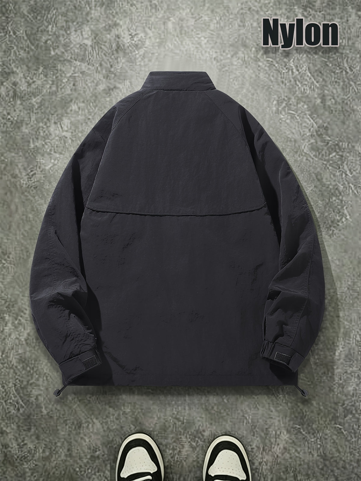 Men's Spring/Autumn American-Style Nylon Solid Color Stand Collar Jacket, Breathable Lightweight Windproof Functional Workwear Outerwear, Loose Fit Streetwear Casual Windbreaker - Black