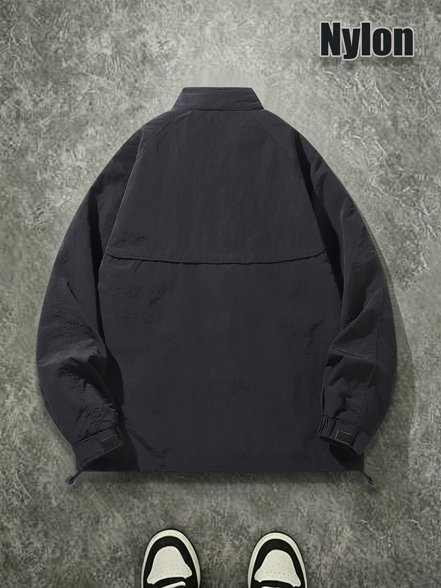 Men's Spring/Autumn American-Style Nylon Solid Color Stand Collar Jacket, Breathable Lightweight Windproof Functional Workwear Outerwear, Loose Fit Streetwear Casual Windbreaker - Black