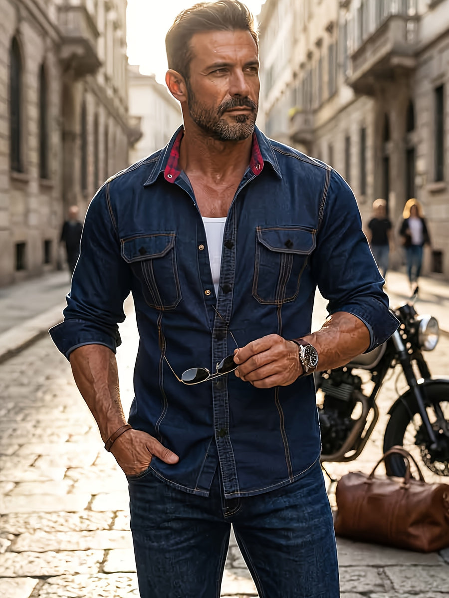 Men's Vintage Denim Shirt for Spring and Autumn, Loose Fit Casual Long Sleeve Shirt with Square Button, Trendy Distressed Outerwear, Youthful Stylish Layering Workwear Top, Versatile for Layering and Outerwear, Hand-Washed Blue Denim Shirt - Navy Color