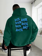 Thanksgiving Men's Hoodie with "AMOR" Blue Ink Splatter Graffiti Print on the Back, Warm and Comfortable Autumn/Winter Hooded Sweatshirt, Featuring a Practical Kangaroo Pocket, Trendy Brand-Style Stacked Letter Pattern and Floral Design - Dark Green
