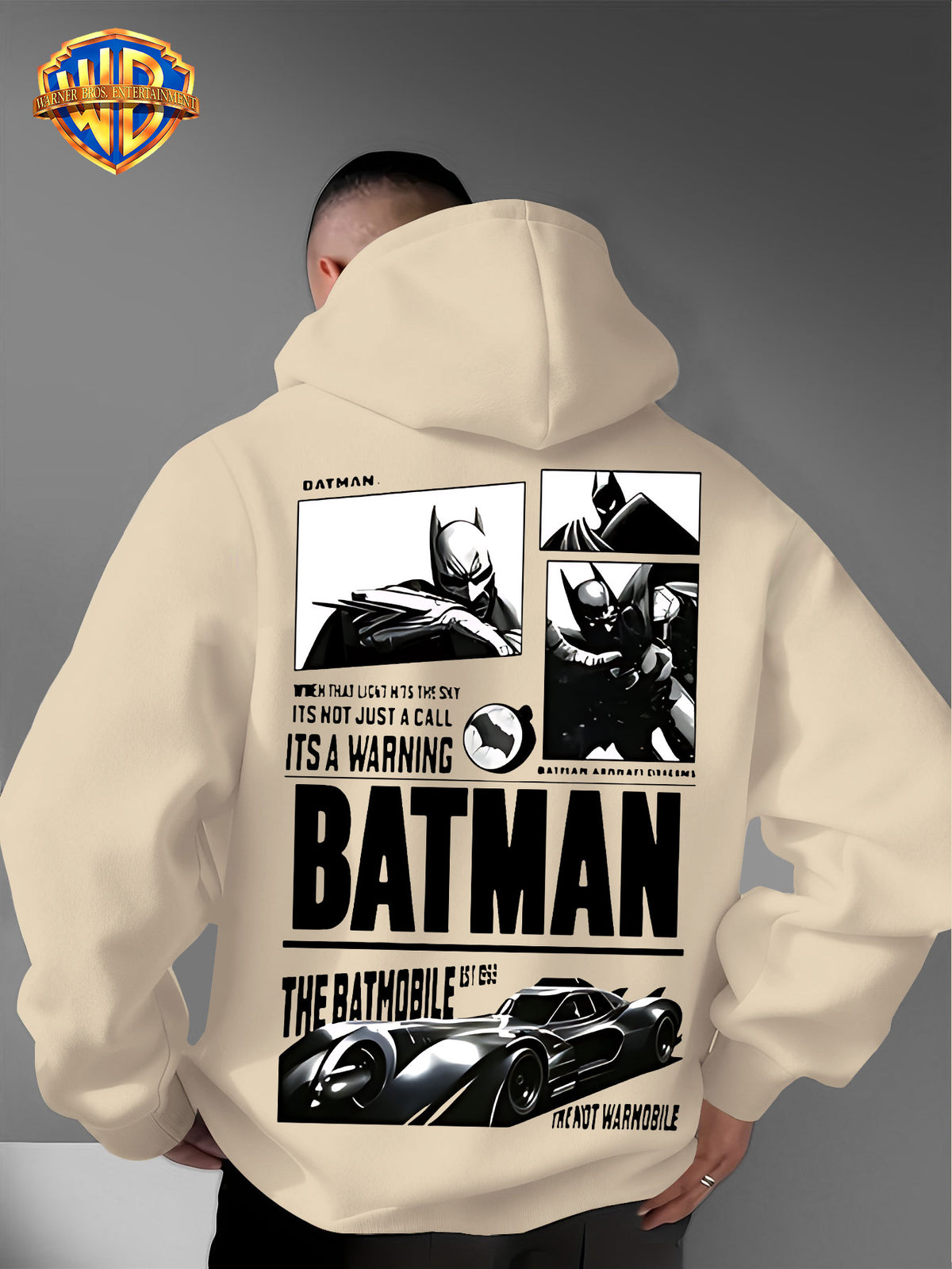 Warner Bros. Authorized American Dark Superhero Retro Batman Comic Poster Print Hooded Sweatshirt, with Adjustable Drawstring, Comfortable And Warm, Fashionable And Versatile Men'S Casual Sweatshirt, Suitable for Autumn And Winter Wear - Apricot