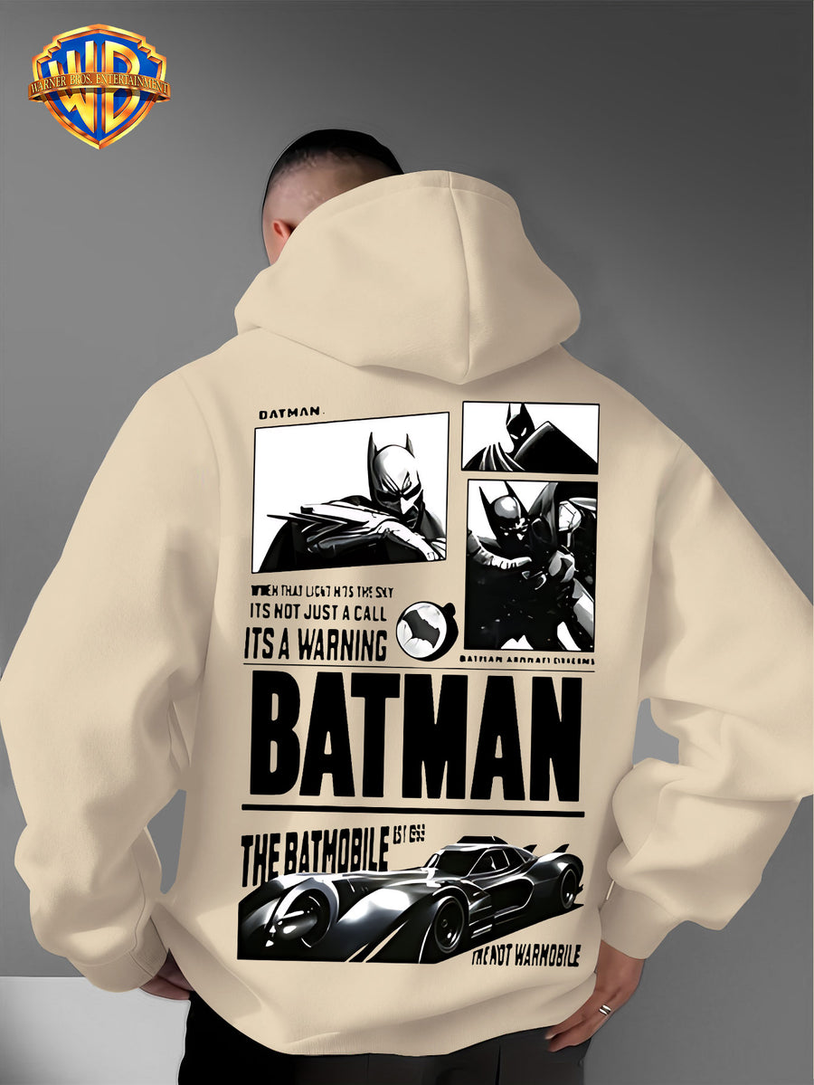 Warner Bros. Authorized American Dark Superhero Retro Batman Comic Poster Print Hooded Sweatshirt, with Adjustable Drawstring, Comfortable And Warm, Fashionable And Versatile Men'S Casual Sweatshirt, Suitable for Autumn And Winter Wear - Apricot