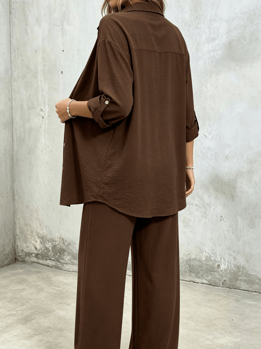 Korean Lazy Style Brown Textured Casual Set Women'S Loose Drapey Shirt And Drawstring Wide-Leg Pants Versatile Breathable Comfortable Daily Commute Outfit, Lightly Mature Gentle Temperament Casual Outing Travel Set - Coffee Color