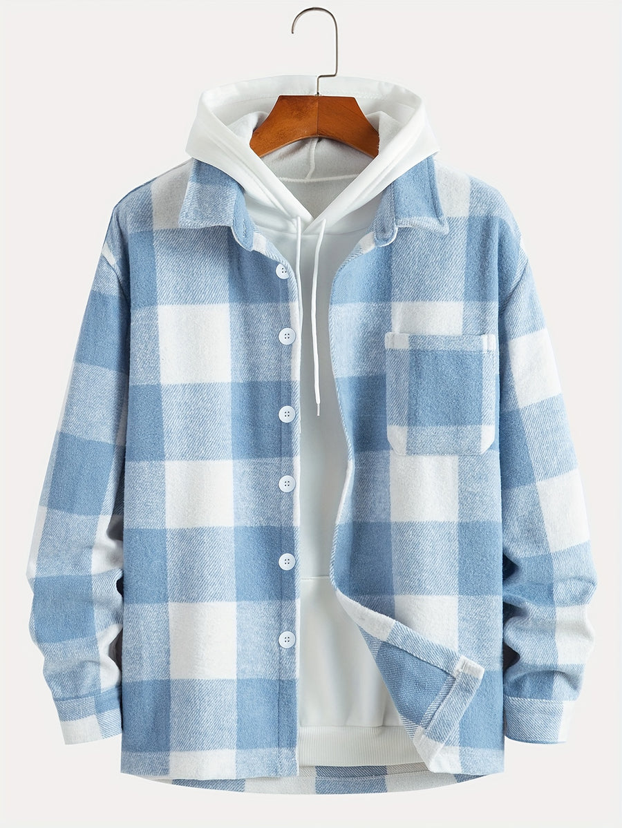 Plaid Shirt Collar Jacket Coat - Light Blue