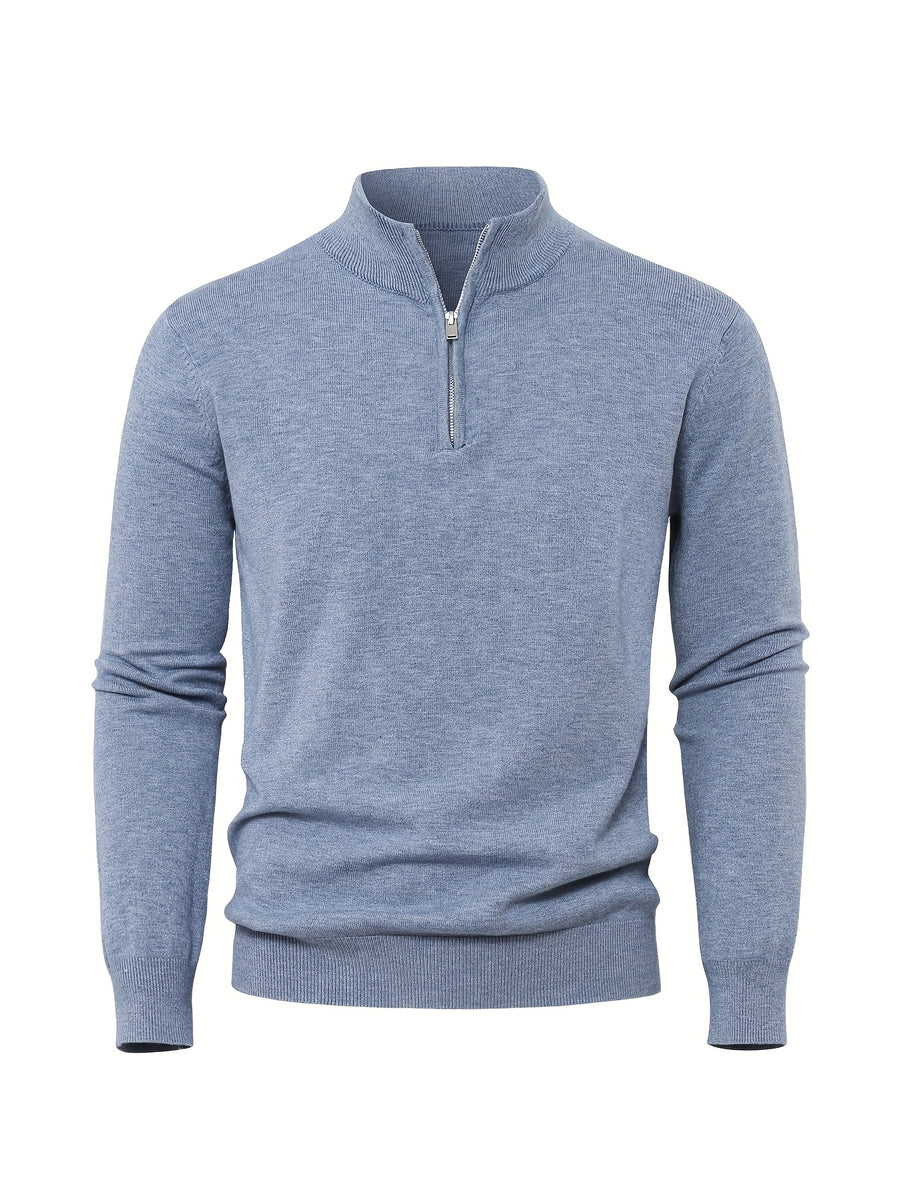 2025 New Men's Casual Solid Color Knit Zip-Front Sweater - Thickened Warm Top - Fashionable Minimalist Style with Medium Stretch for Daily Comfort, Men's Essential Cold-Weather Item, High-Quality Autumn/Winter Fashionable and Mature Pullover - Haibo Blue