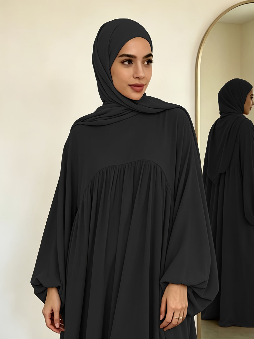 Modest Gathered Waist Maxi Dress, Loose Fit Balloon Long Sleeve Dress with Elastic Cuffs for Daily Wear - Black