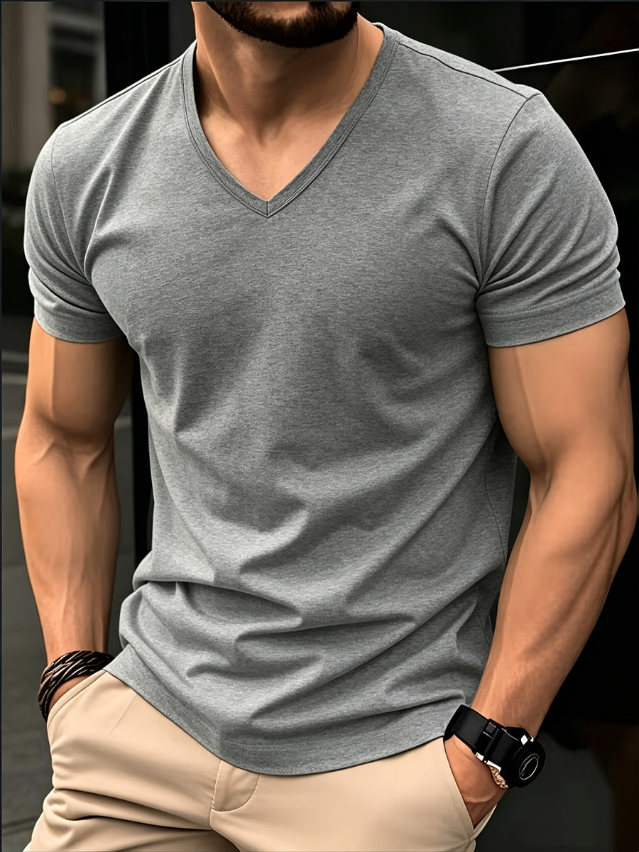 Men'S Basic V-Neck Short Sleeve High-Stretch Slight-Stretch Men'S T-Shirt 190G Regular Fit Commuter Base Layer Versatile Basic Style - Grey
