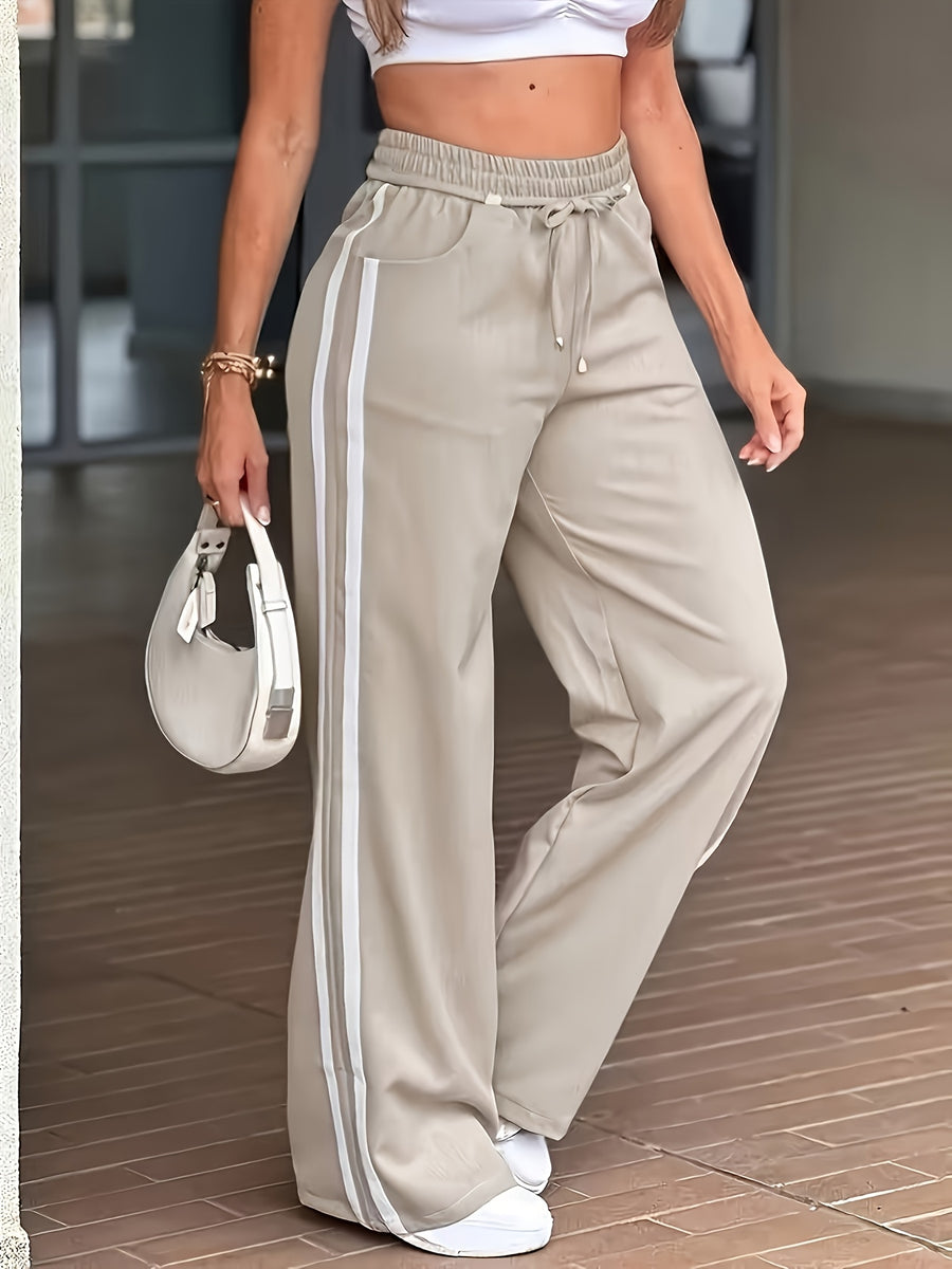 Machine Washable Pocket Spring Autumn Casual Pants, Women'S Solid Color Drawstring Striped Trousers Straight Leg Trousers Women'S Clothing - Apricot