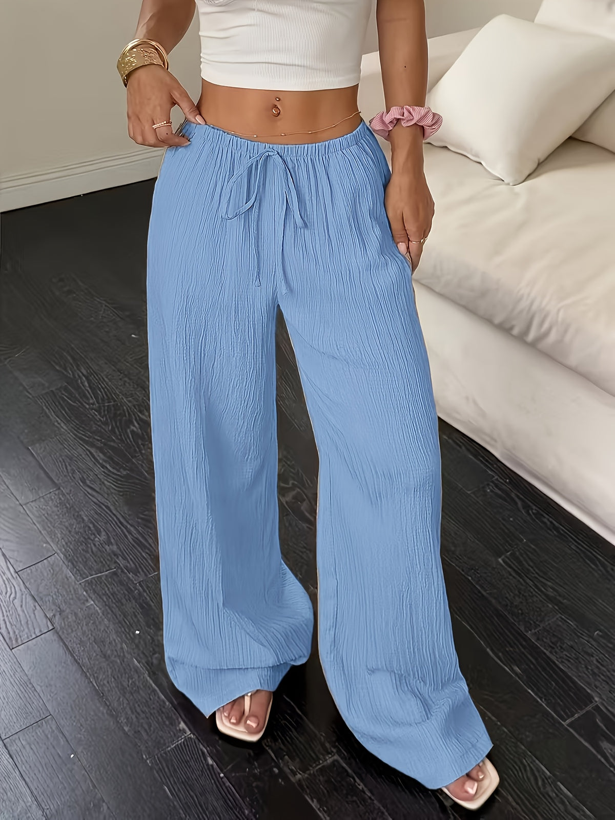 2pcs Set of Women's Elegant Casual Straight-leg Trousers - White + Light Blue