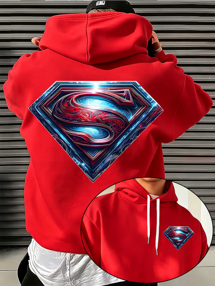 Warner Bros. Official Light and Shadow Superman S-Logo Printed Hooded Sweatshirt — Unisex Loose Pullover, Suitable for Casual, Sports, and Daily Wear, Machine Washable and Warm, for Autumn and Winter - Red