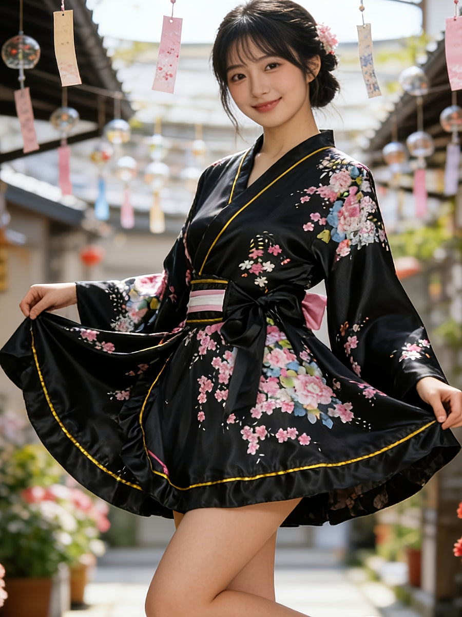 Japanese Traditional Cosplay Outfit for Women, Formal Japanese Kimono, Yukata, Sleep Robe, Shortened Modified Traditional Kimono, Cosplay Anime Photoshoot Performance Homewear, Sweet Dress and Short Skirt, Ramadan Apparel - Black
