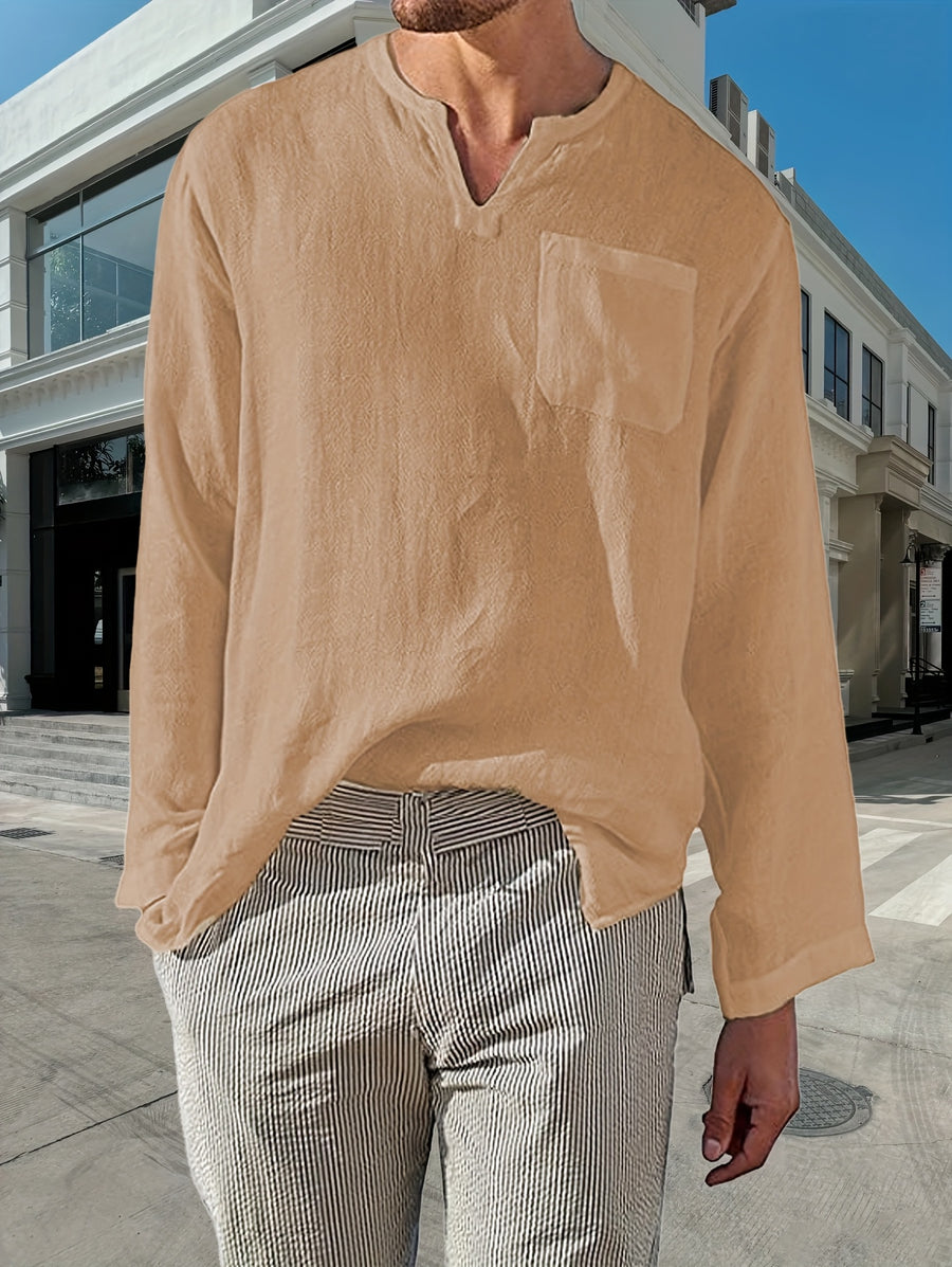 long-sleeved shirt Men's solid color V-neck casual shirt Men's gentle beach Hawaiian pullover breathable comfortable shirt - Yellowish-brown