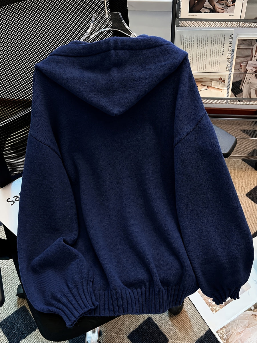 Korean-style Loose Fit Casual Hooded Sweatshirt, Autumn/Winter Solid Color Simple Versatile Drop Shoulder Lantern Sleeve Hoodie, 2026 New Fashion Women's Clothing - Navy Color