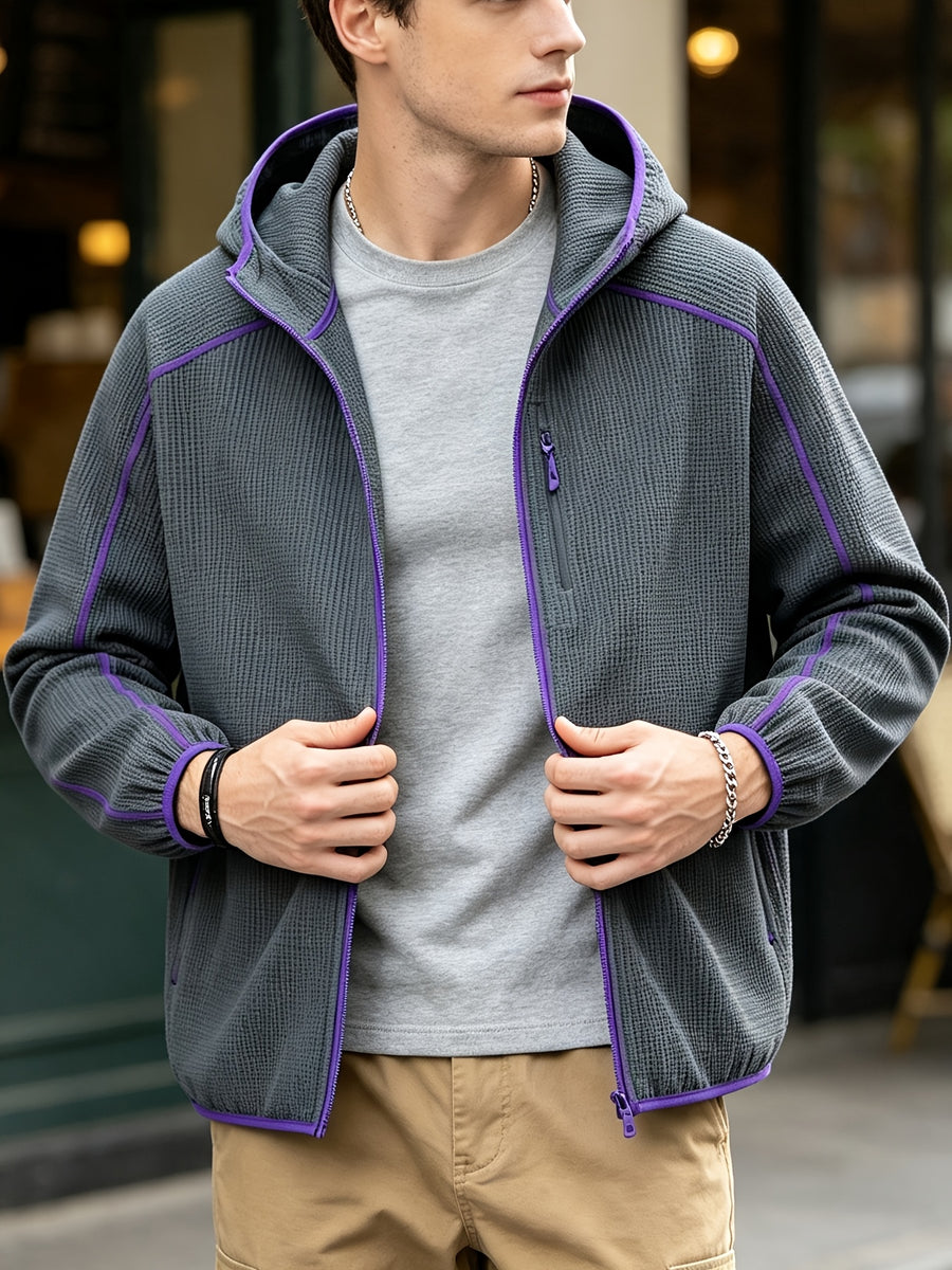 2026 New Men's Waffle Knit Textured Sport Jacket, Spring/Autumn Lightweight Hooded Outerwear, Suitable for Sports & Fitness, Outdoor Activities, Daily Home Wear, and Casual Outings - Dark Gray