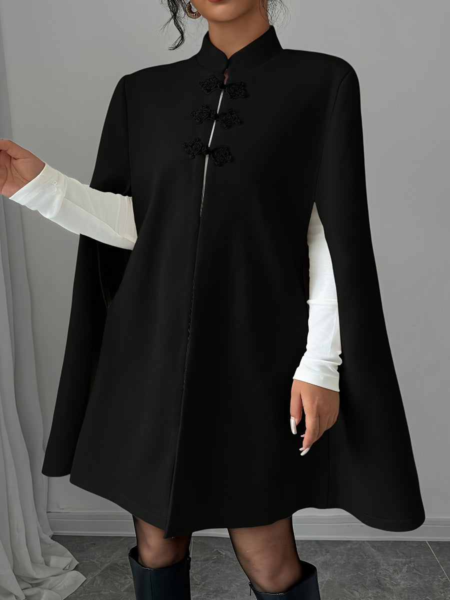 Elegant and Graceful Stand-up Collar Contrasting Color Chinese Style Button Cape Shawl Ladies Autumn and Winter Thick Coat - Black
